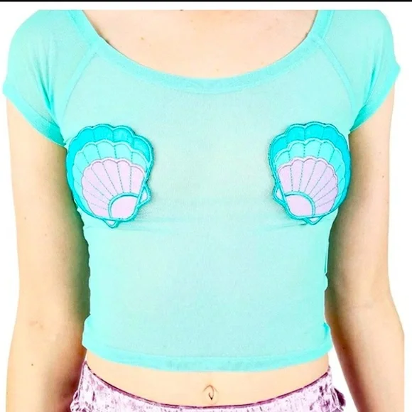 Iron fist mermaid for life, mesh crop top T-shirt, color aqua new with tags - Picture 5 of 5